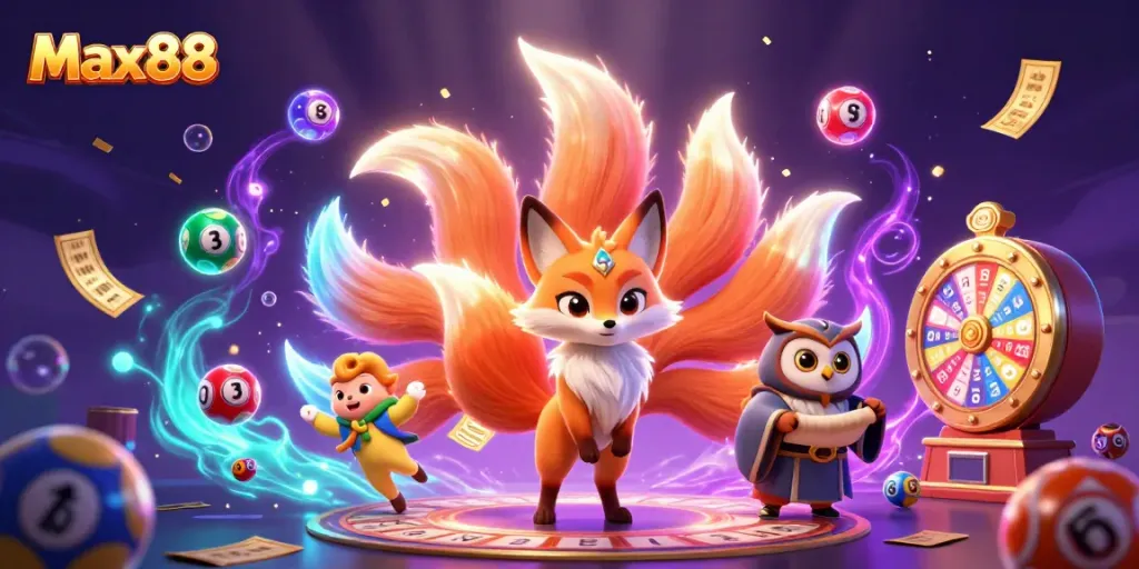 Experience the thrill of Max88 with a magical scene featuring a nine-tailed fox, an owl sage, and vibrant gaming elements.