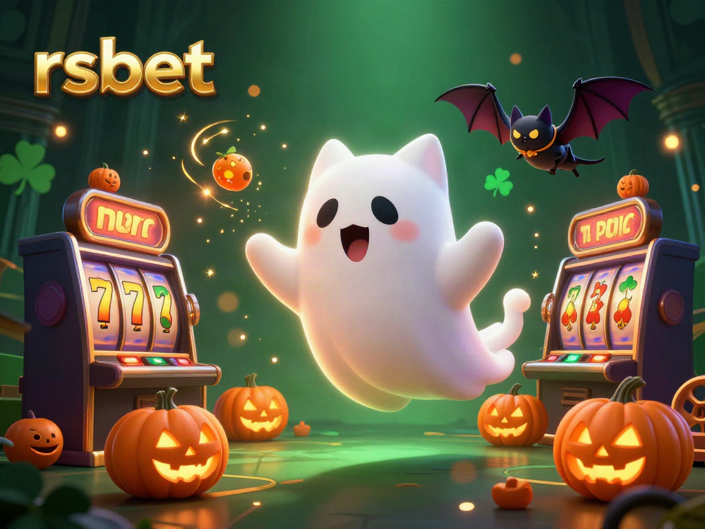 Engaging illustration showcasing rsbet with a ghost cat, vampire bat, and dynamic slot elements in a vibrant casino.