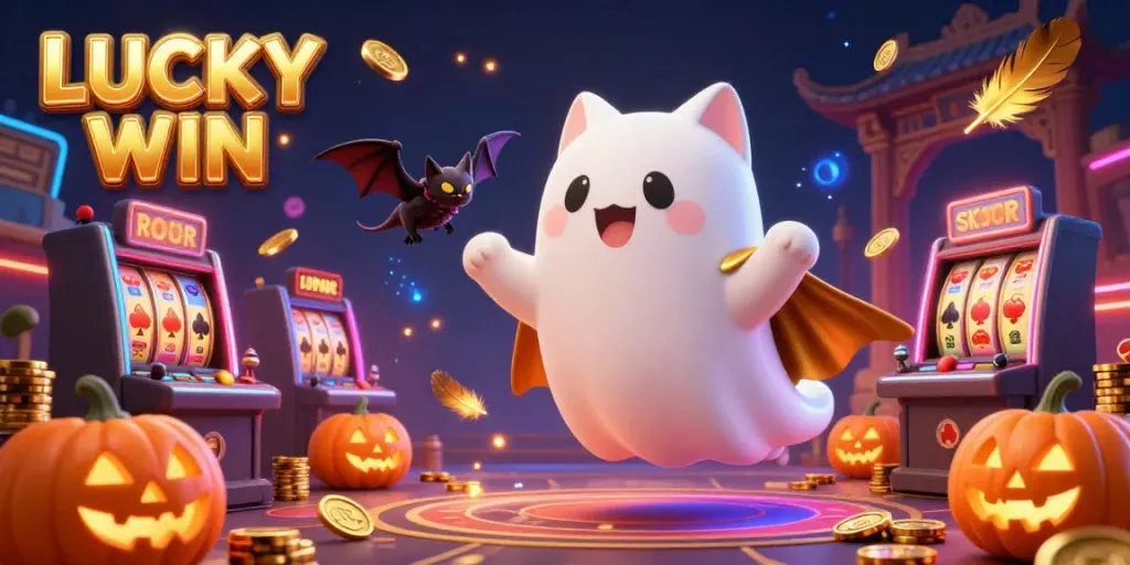 Engage in thrilling Luck Win casino games with a ghostly cat and bat in a vibrant atmosphere.
