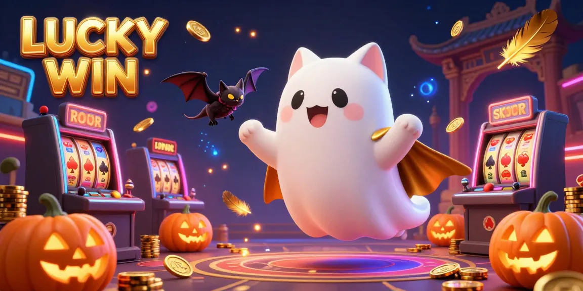 Engage in thrilling Luck Win casino games with a ghostly cat and bat in a vibrant atmosphere.