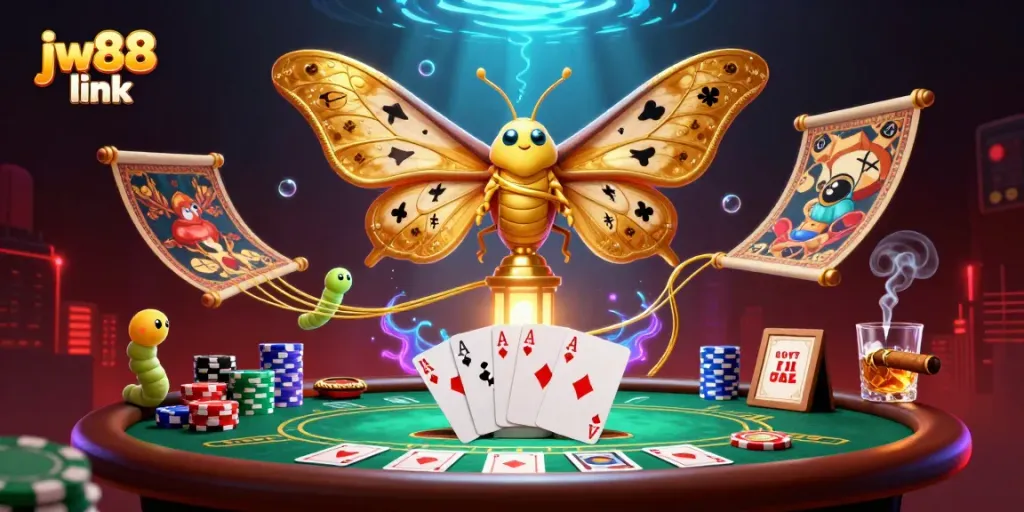 Engage with the vibrant jw88 link, showcasing an energetic casino scene with colorful poker elements.