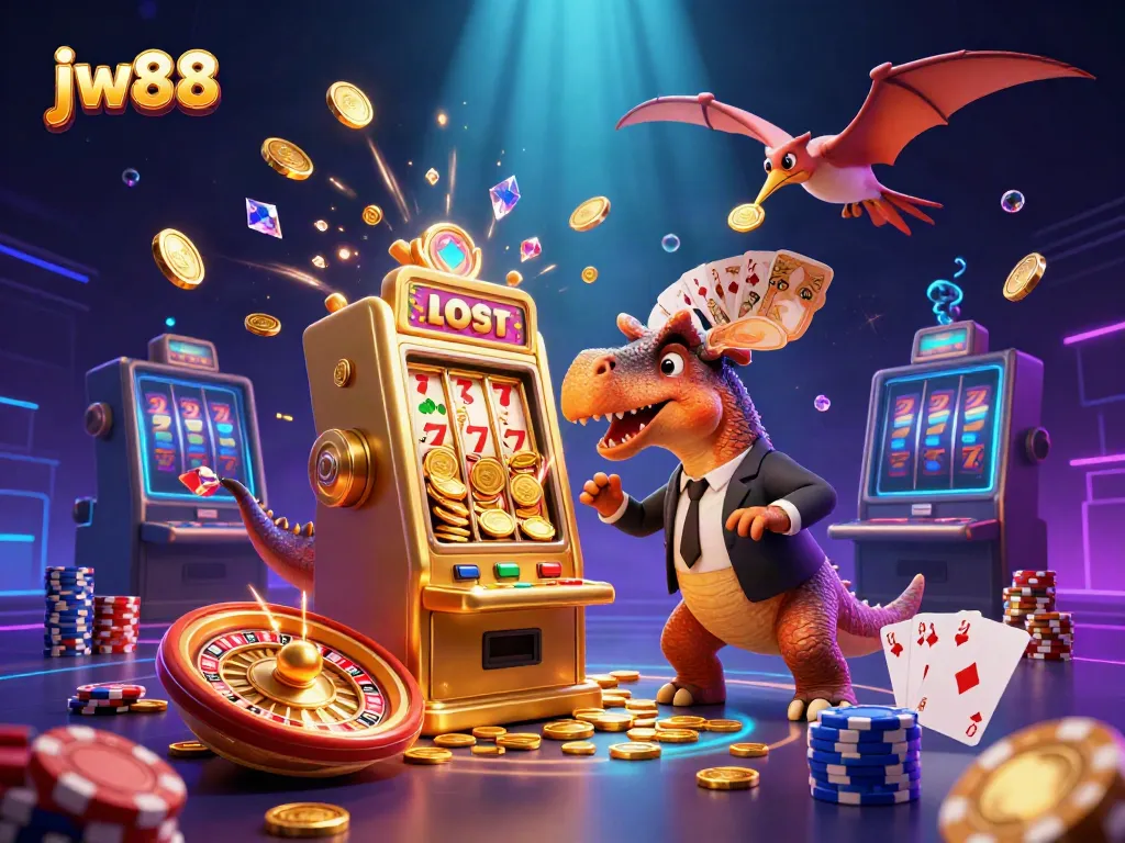 Experience thrilling jackpots with jw88 as dinosaurs celebrate massive wins at the casino.
