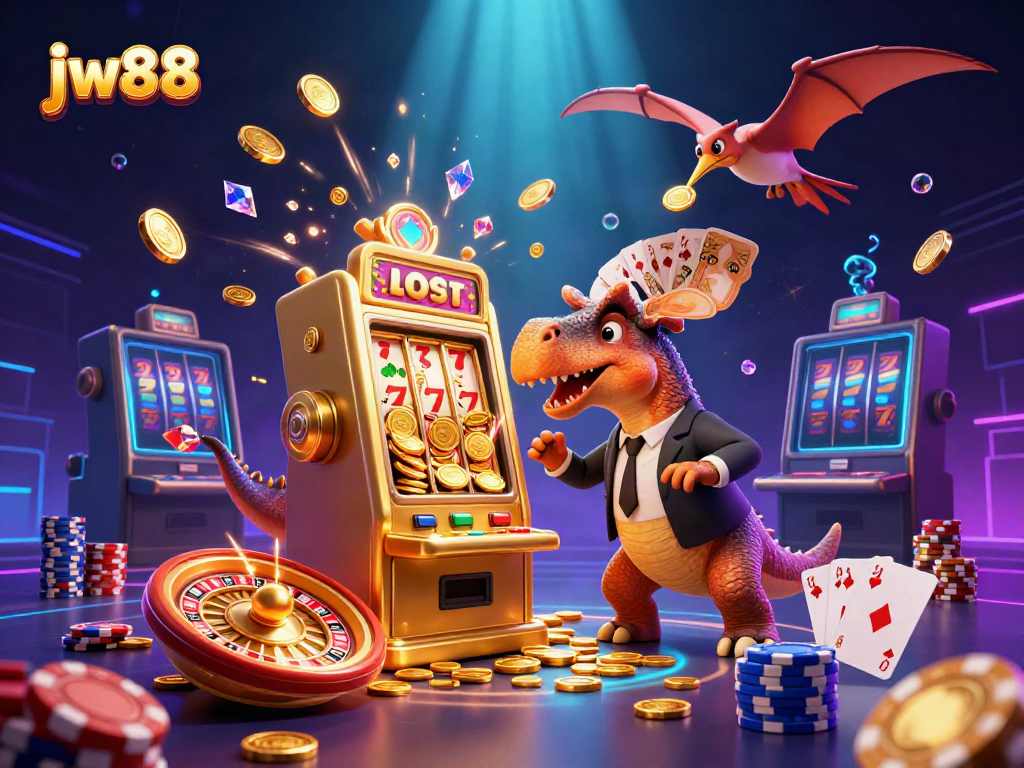 Experience thrilling jackpots with jw88 as dinosaurs celebrate massive wins at the casino.