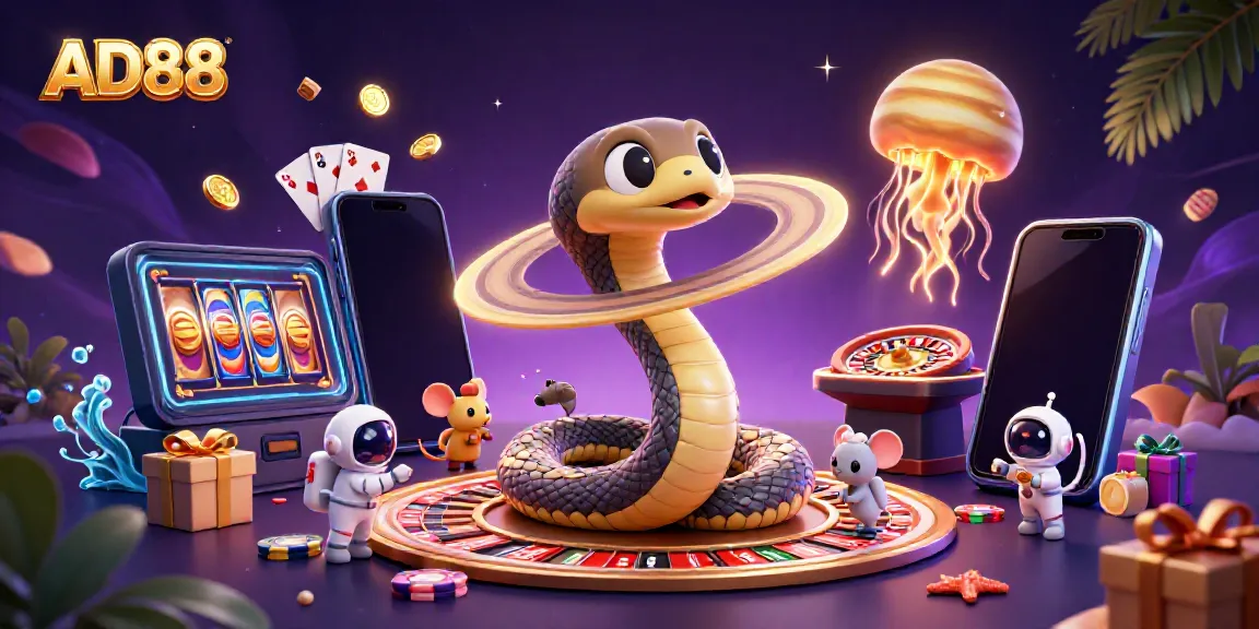 Experience thrilling betting on AD88 with a cosmic dealer and vibrant casino elements in a magical setting.