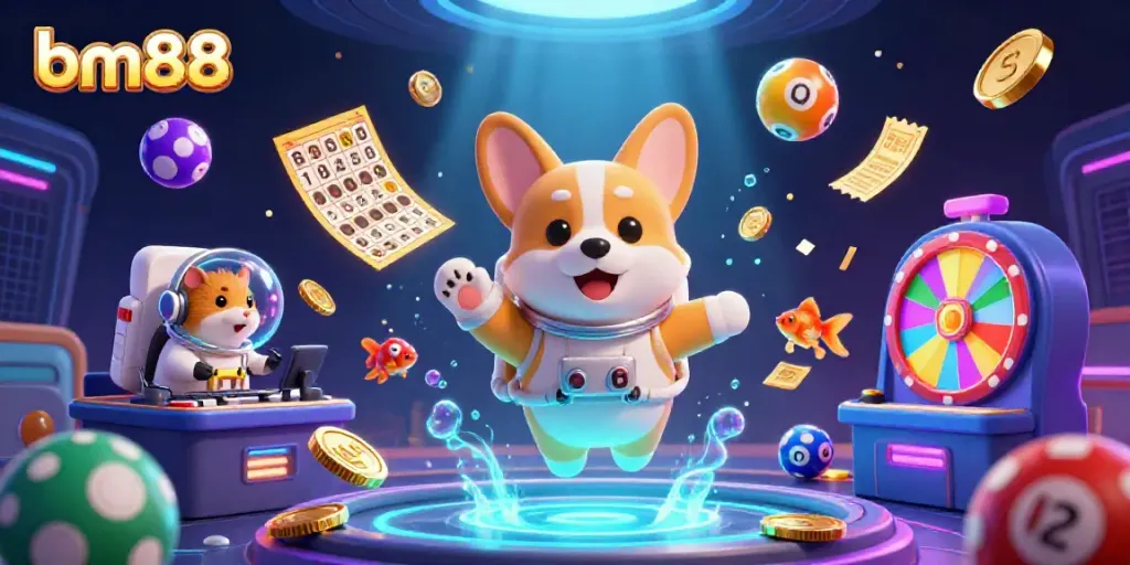 Experience the excitement of bm88 with a vibrant casino scene featuring an astronaut corgi and more.