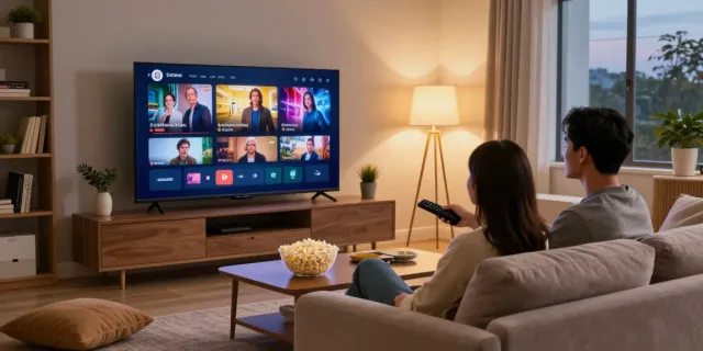 Couple enjoying IPTV subscription USA on a cozy living room sofa.