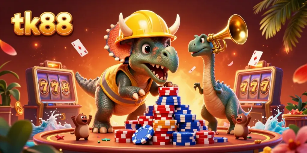 tk88 casino-themed scene with cartoon dinosaurs celebrating with poker chips and slot machines.